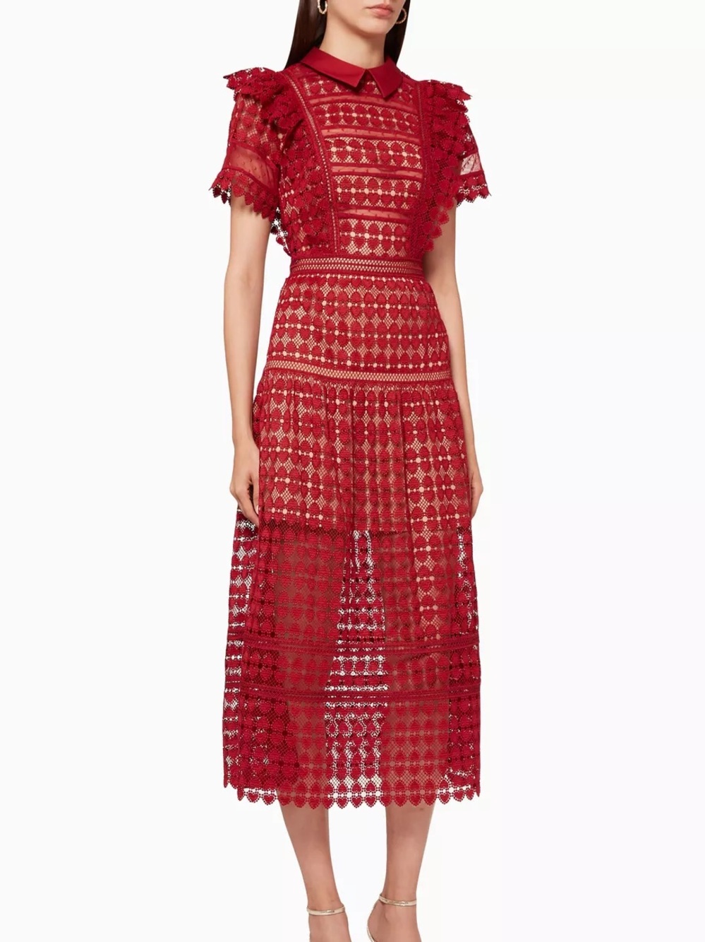 Red Self Portrait Heart Lace Midi Dress with Scalloped Details